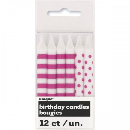 Hot Pink Stripes and Dots Birthday Candles (12)