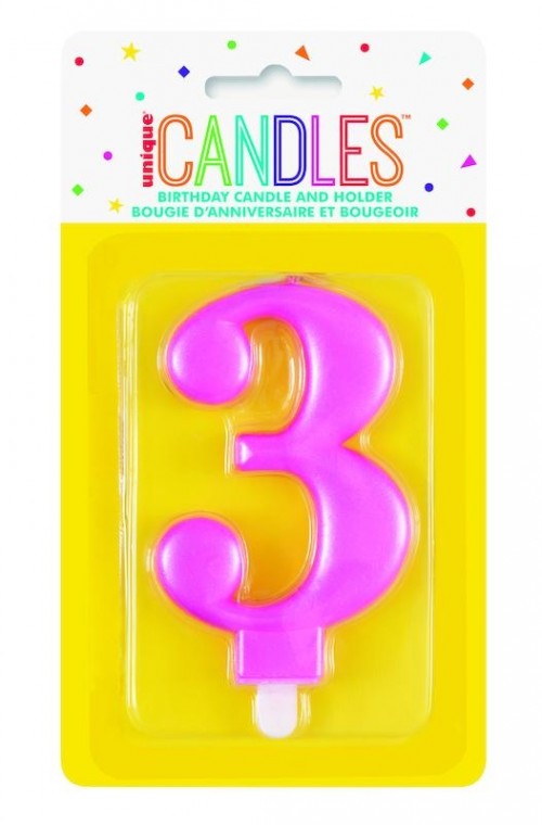 Numeral 3 Pink Metallic Candle (Box of 6)