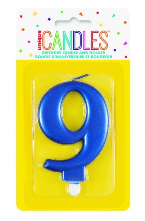 Numeral 9 Blue Metallic Candle (Box of 6)