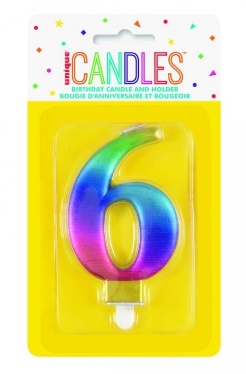 Numeral 6 Rainbow Metallic Candle (Box of 6)
