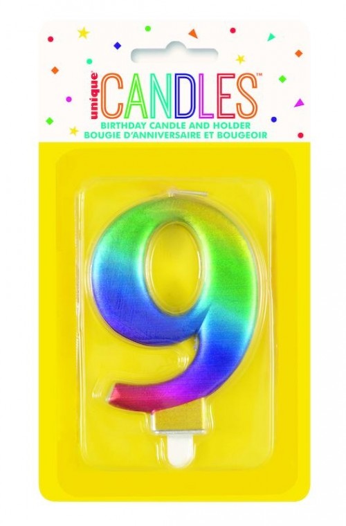 Numeral 9 Rainbow Metallic Candle (Box of 6)
