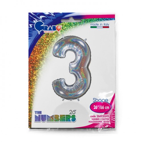 Number 3 Holo Glitter Silver 40" Single Pack
