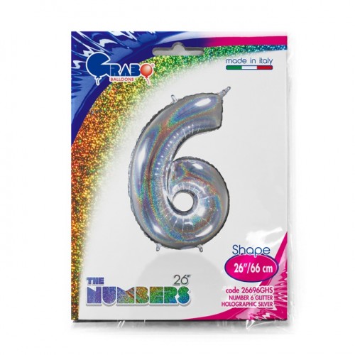 Number 6 Holo Glitter Silver 40" Single Pack