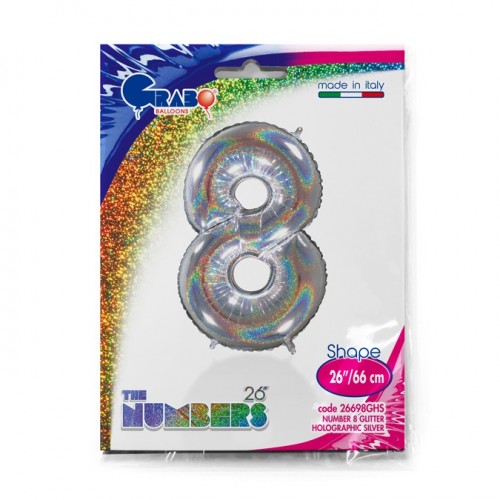 Number 8 Holo Glitter Silver 40" Single Pack