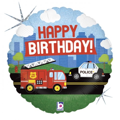 Happy Birthday Fire Truck and Police Car 18" Foil Balloon