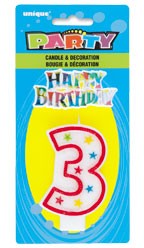 NUMERAL 3 GLITTER CANDLE WITH CAKE DECOR (Pack of 6)