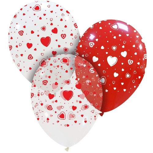 Hearts Red White Clear 12" Latex 25ct