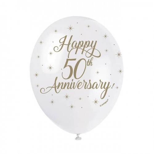 Happy 50th Anniversary- 5CT 12" Helium Fill Latex Balloon- Pearlized  Printed All Around - 5ct