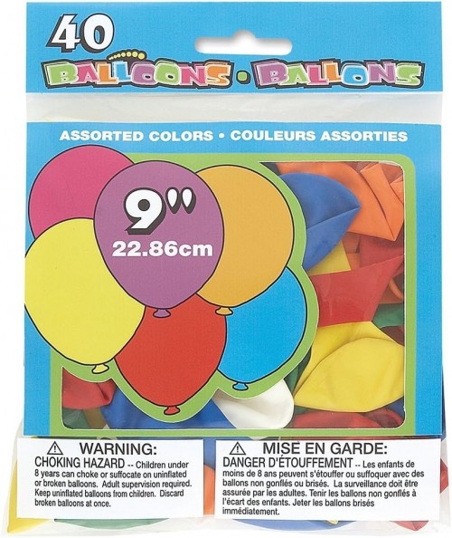 9" Assorted Colour Latex Balloons 40CT