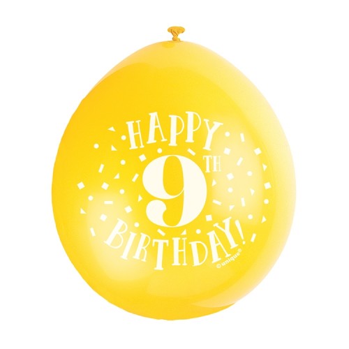 Happy 9th Birthday 9" Latex Air Fill Balloon - Assorted Colours, Printed 1 Side - 10ct.
