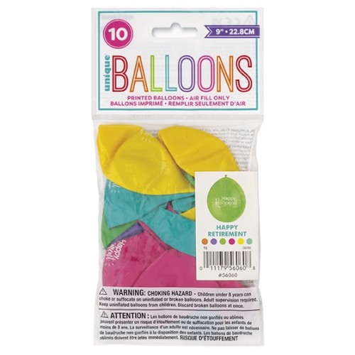 Happy Retirement 9" Latex Air Fill Balloon - Assorted Colours, Printed 1 Side - 10ct.