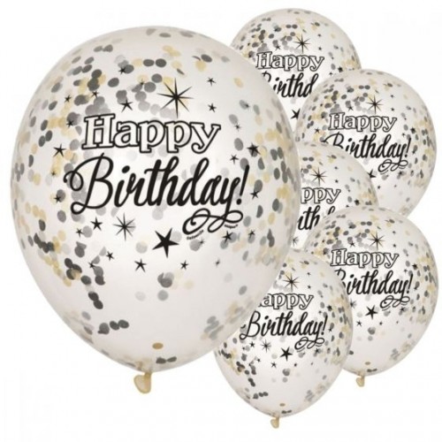 Glittering Birthday w/Black & Gold Confetti 12" Latex 6ct