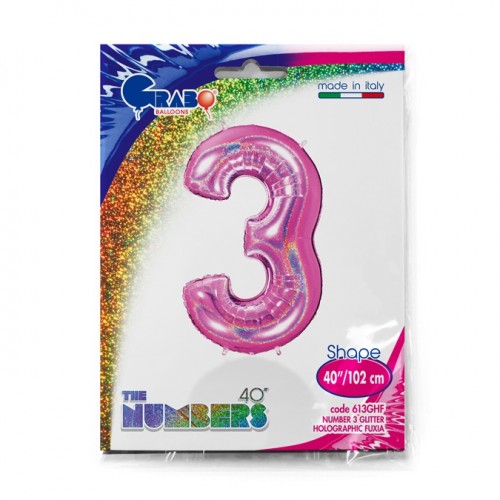Number 3 Holo Glitter Fuxia 40" Single Pack