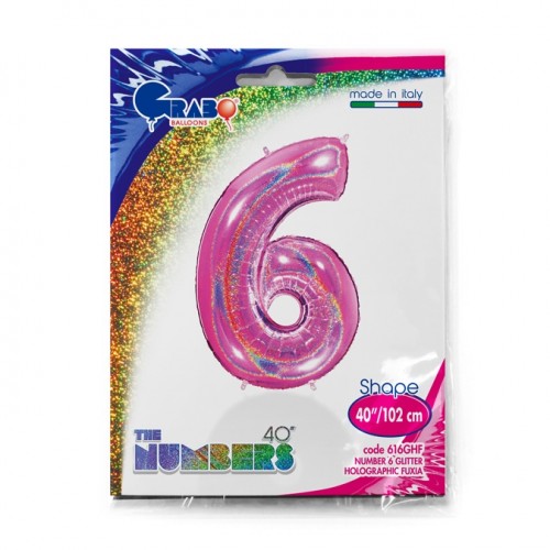 Number 6 Holo Glitter Fuxia 40" Single Pack