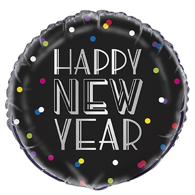 Black and Silver Happy New Year Colourful Dots 18" Foil Balloon 