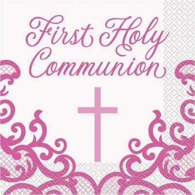 Luncheon Napkins First Holy Communion Pink 16Ct