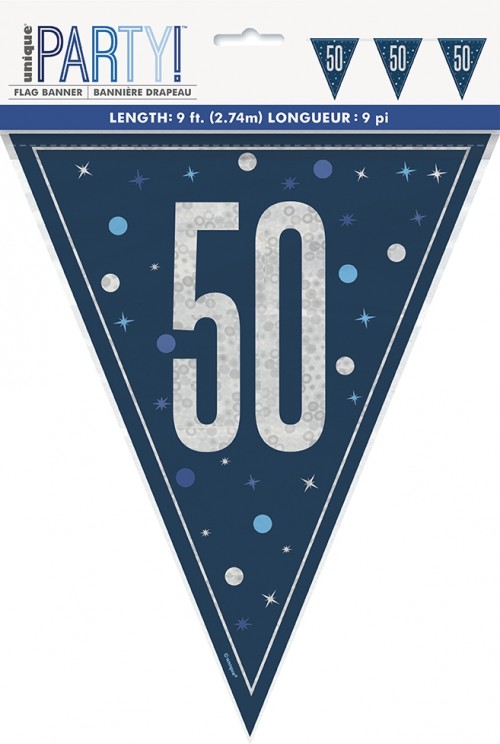 Blue/Silver Glitz Foil Prism Age 50 Flag Banner 9FT
