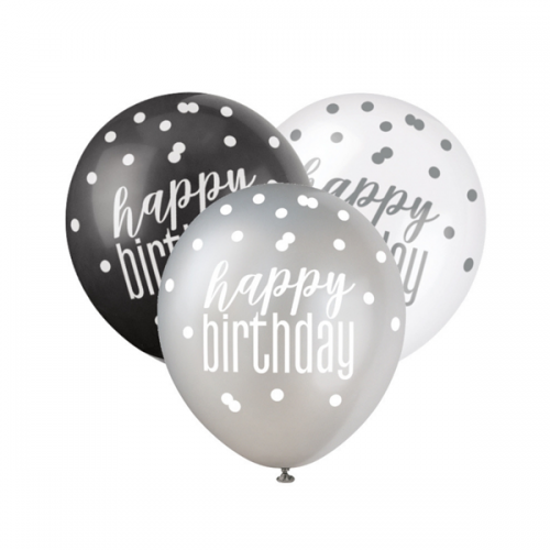 Black/Silver Glitz 12" Happy Birthday Latex Balloons 6ct