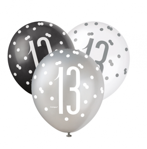 Black/Silver Glitz 12" Age 13 Latex Balloons 6ct