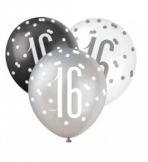Black/Silver Glitz 12" Age 16 Latex Balloons 6ct