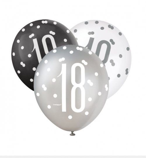 Black/Silver Glitz 12" Age 18 Latex Balloons 6ct