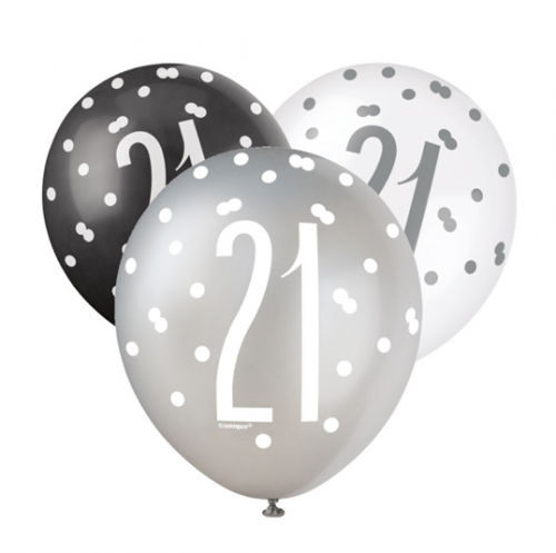 Black/Silver Glitz 12" Age 21 Latex Balloons 6ct