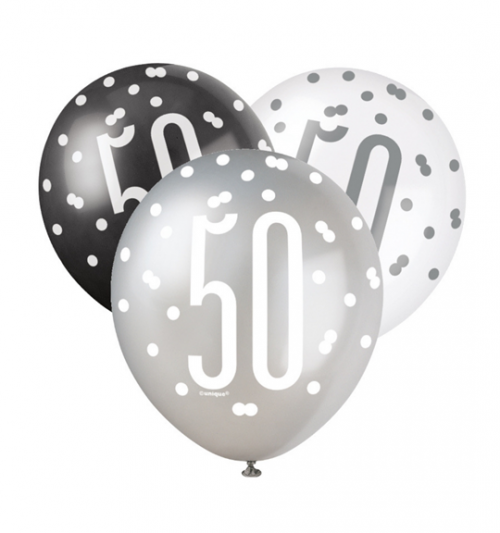 Black/Silver Glitz 12" Age 50 Latex Balloons 6ct