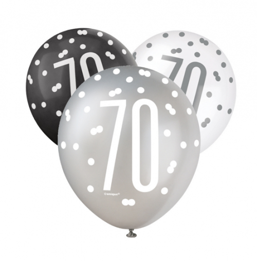 Black/Silver Glitz 12" Age 70 Latex Balloons 6ct