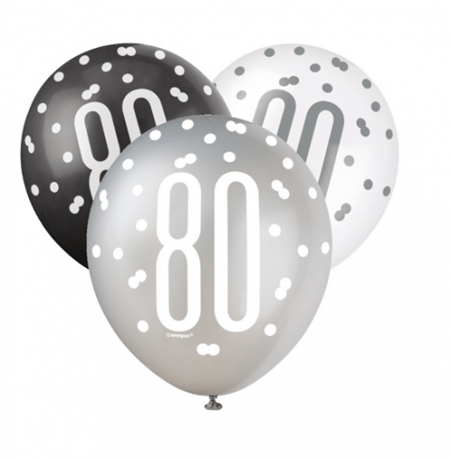 Black/Silver Glitz 12" Age 80 Latex Balloons 6ct
