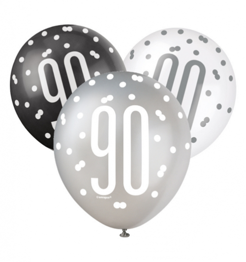 Black/Silver Glitz 12" Age 90 Latex Balloons 6ct