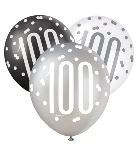 Black/Silver Glitz 12" Age 100 Latex Balloons 6ct