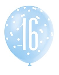Blue/Silver Glitz 12" Age 16 Latex Balloons 6ct