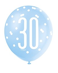Blue/Silver Glitz 12" Age 30 Latex Balloons 6ct