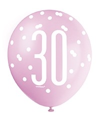 Pink/Silver Glitz 12" Age 30 Latex Balloons 6ct
