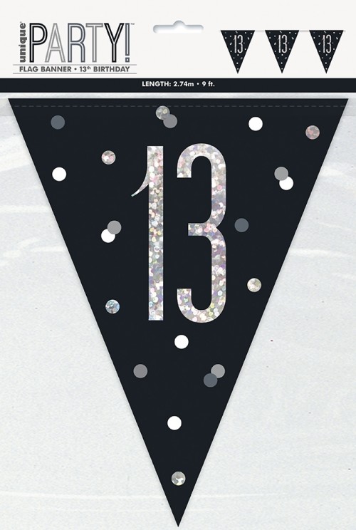 Black/Silver Glitz Age 13 Prism Flag Banner 9ft
