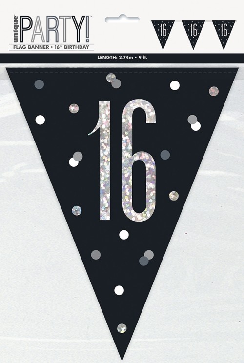 Black/Silver Glitz Age 16 Prism Flag Banner 9ft