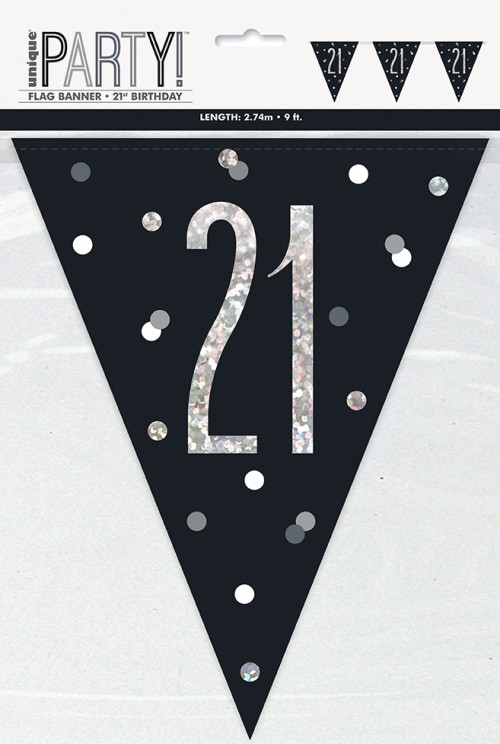 Black/Silver Glitz Age 21 Prism Flag Banner 9ft