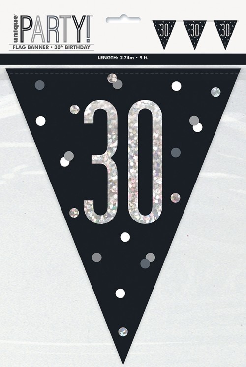 Black/Silver Glitz Age 30 Prism Flag Banner 9ft