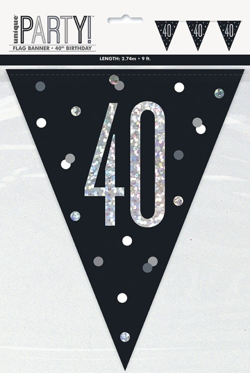 Black/Silver Glitz Age 40 Prism Flag Banner 9ft