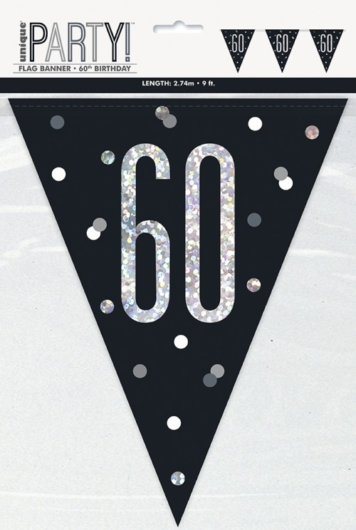 Black/Silver Glitz Age 60 Prism Flag Banner 9ft