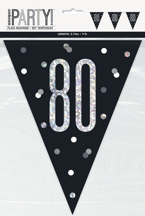 Black/Silver Glitz Age 80 Prism Flag Banner 9ft