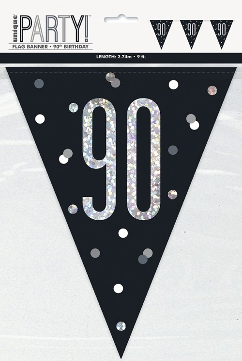 Black/Silver Glitz Age 90 Prism Flag Banner 9ft