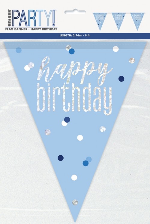 Blue/Silver Glitz Foil Prism Happy Birthday Flag Banner 9FT