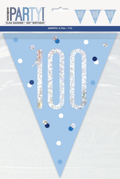 Blue/Silver Glitz Foil Prism Age 100 Flag Banner 9FT