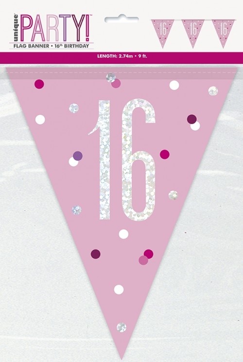 Pink/Silver Glitz Foil Prism Age 16 Flag Banner 9FT