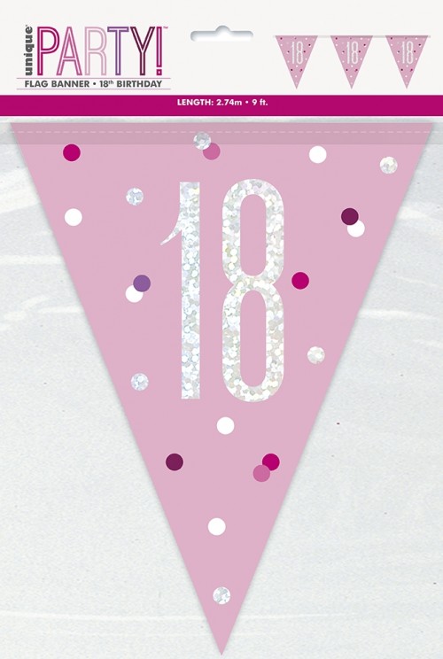 Pink/Silver Glitz Foil Prism Age 18 Flag Banner 9FT