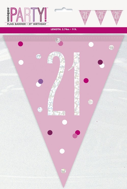 Pink/Silver Glitz Foil Prism Age 21 Flag Banner 9FT