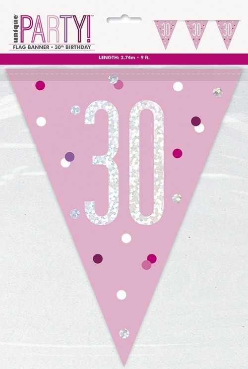Pink/Silver Glitz Foil Prism Age 30 Flag Banner 9FT