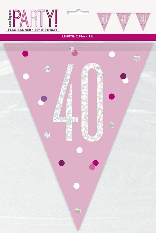 Pink/Silver Glitz Foil Prism Age 40 Flag Banner 9FT