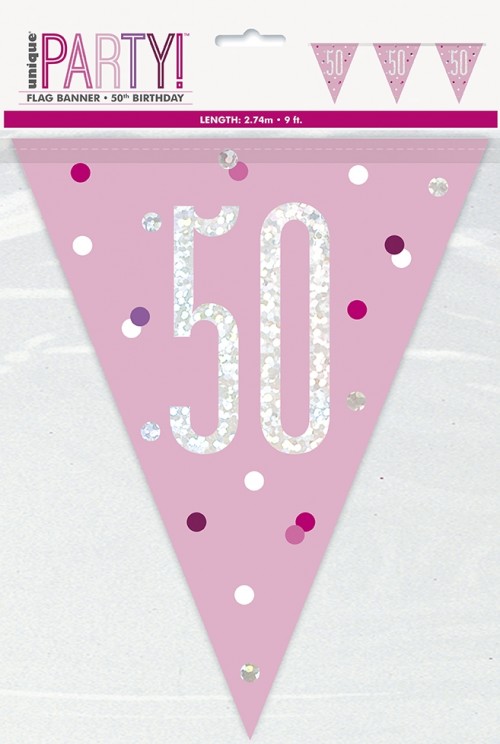 Pink/Silver Glitz Foil Prism Age 50 Flag Banner 9FT